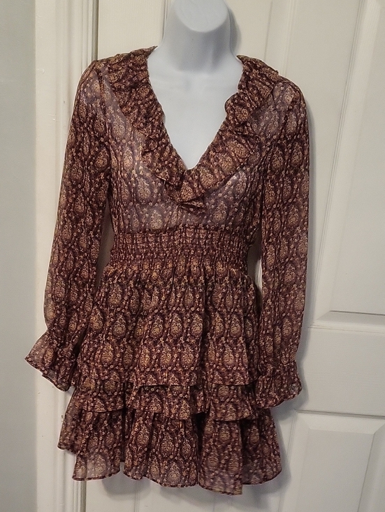 Zara Dresses & Skirts - Zara Smocked Waist Ruffle-Tiered Long-Sleeve Dress in Brown Paisley